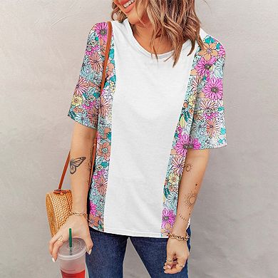 Floral Print Patchwork Short Sleeve Top