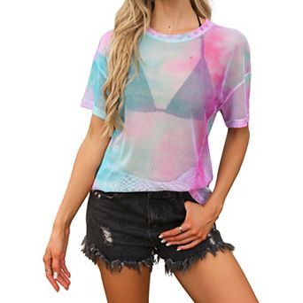 Mesh Top for Women Short Sleeve Crew Neck See Through TShirts