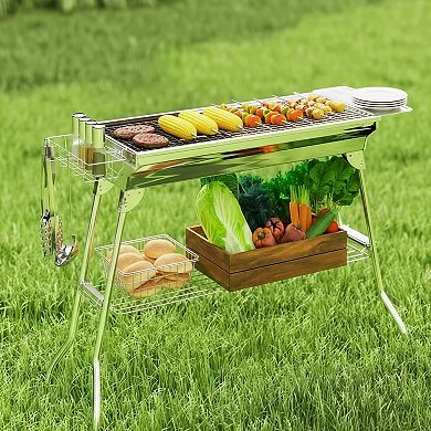 Portable Folding Stainless Steel Charcoal Grill with Storage and Air Vents