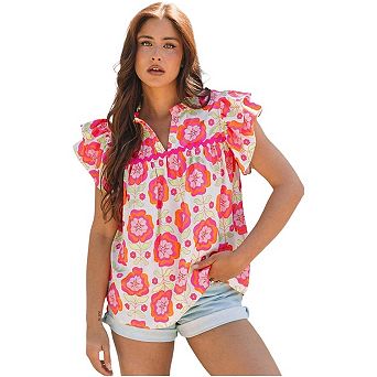 Floral Ruffled Sleeve Trim Split Neck Loose Blouse