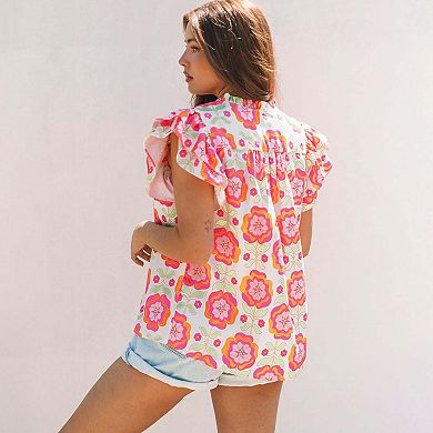 Floral Ruffled Sleeve Trim Split Neck Loose Blouse