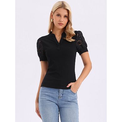 Knit Top for Women's Vintage V Neck Crochet Sleeve Casual Pullover Top