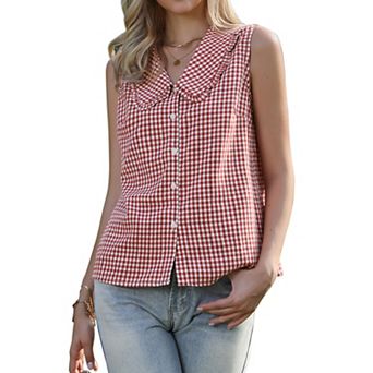 Vintage Gingham Blouse for Women's Ruffle Peter Pan Collar Sleeveless Button Down Shirt