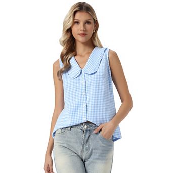 Vintage Gingham Blouse for Women's Ruffle Peter Pan Collar Sleeveless Button Down Shirt