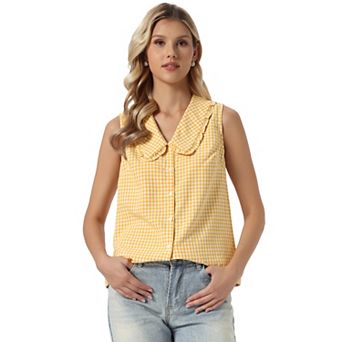 Vintage Gingham Blouse for Women's Ruffle Peter Pan Collar Sleeveless Button Down Shirt
