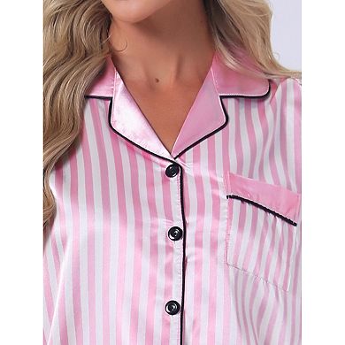 Women's Satin Pajama Set Silky Long Sleeve Button Down Striped Leopard Sleepwear with Pocket