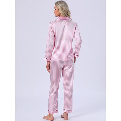 Women's Satin Pajama Set Silky Long Sleeve Button Down Striped Leopard Sleepwear with Pocket