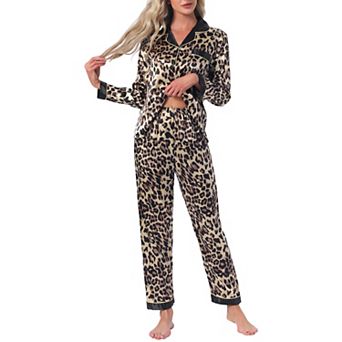 Women's Satin Pajama Set Silky Long Sleeve Button Down Striped Leopard Sleepwear with Pocket