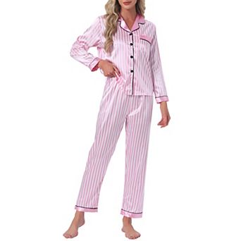 Women's Satin Pajama Set Silky Long Sleeve Button Down Striped Leopard Sleepwear with Pocket
