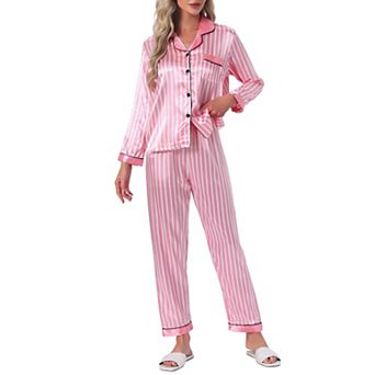 Women's Satin Pajama Set Silky Long Sleeve Button Down Striped Leopard Sleepwear with Pocket