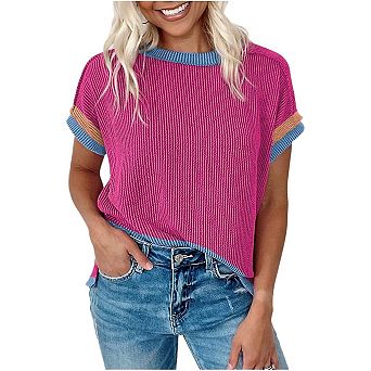 Textured Contrast Trim Round Neck T Shirt
