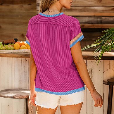 Textured Contrast Trim Round Neck T Shirt