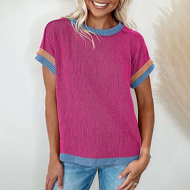 Textured Contrast Trim Round Neck T Shirt