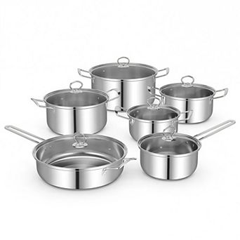 12 pc Stainless Steel Pots and Pans Set with Tempered Glass Lids Induction Compatible