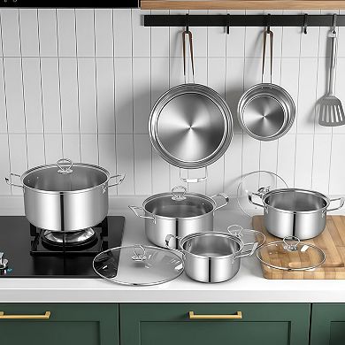 12 Piece Stainless Steel Pots and Pans Set with Tempered Glass Lids Induction Compatible
