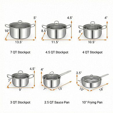 12 Piece Stainless Steel Pots and Pans Set with Tempered Glass Lids Induction Compatible