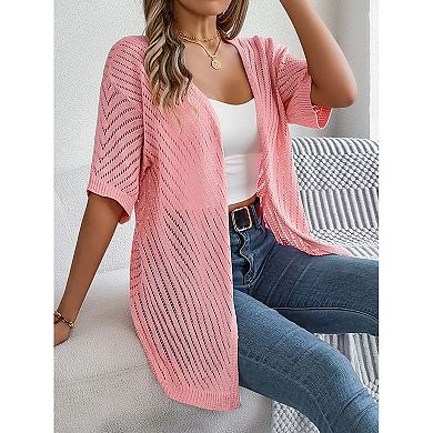 Women's Solid Color Summer Crochet Short Sleeve Knit Cardigan Lightweight Open Front Sun Cover Up