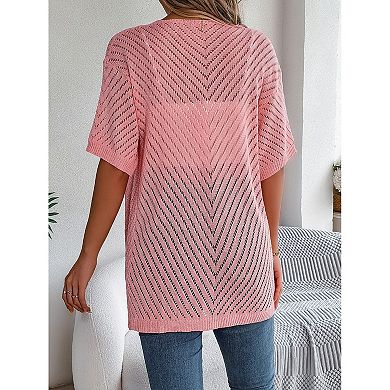 Women's Solid Color Summer Crochet Short Sleeve Knit Cardigan Lightweight Open Front Sun Cover Up