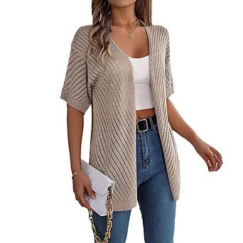 Women's Solid Color Summer Crochet Short Sleeve Knit Cardigan Lightweight Open Front Sun Cover Up