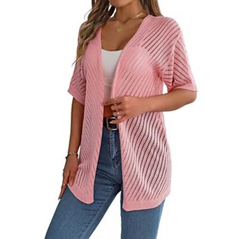 Women's Solid Color Summer Crochet Short Sleeve Knit Cardigan Lightweight Open Front Sun Cover Up