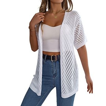 Women's Solid Color Summer Crochet Short Sleeve Knit Cardigan Lightweight Open Front Sun Cover Up