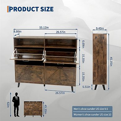 55in Farmhouse Shoe Storage Cabinet with 4 Flip Drawers
