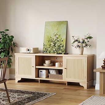 61.8" Rattan TV Stand with Multi-Zone Storage