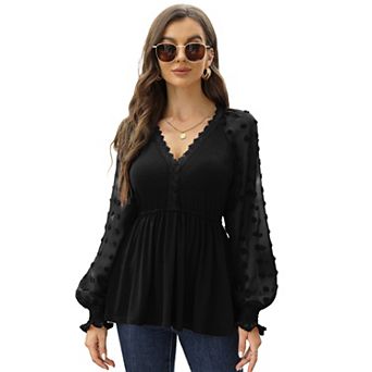 Women's Lace Crochet V Neck Peplum Blouse Long Sleeve V Neck Shirts Tops with Smocked Cuffs