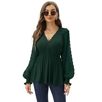 Women's Lace Crochet V Neck Peplum Blouse Long Sleeve V Neck Shirts Tops with Smocked Cuffs