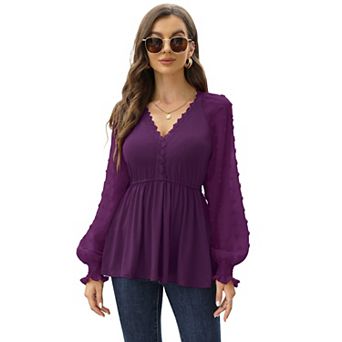 Women's Lace Crochet V Neck Peplum Blouse Long Sleeve V Neck Shirts Tops with Smocked Cuffs