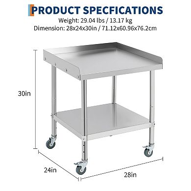 28"X24"x30" Stainless Steel Grill Stand Table With Casters - Removable Baffle