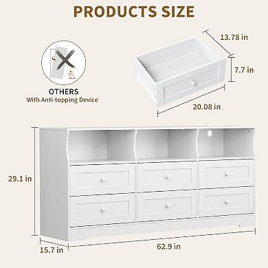 63 Inch 6 Drawer Dresser with RGB Lights & Power Outlet