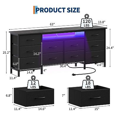 63 Inch TV Stand Dresser with 10 Drawers