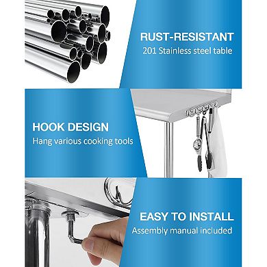 60"x24"x35" Workbench Without Casters, With Rear Backsplash And 08 Curved Edges With Hooks