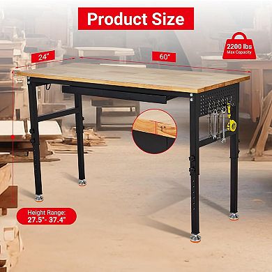 60-Inch Workbench With Drawer, Socket, Graduated Pegboard, Hooks And Adjustable Height