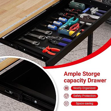 60-Inch Workbench With Drawer, Socket, Graduated Pegboard, Hooks And Adjustable Height