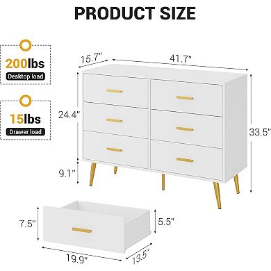 Modern 6 Drawer Dresser with Gold Handles