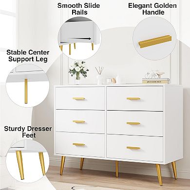 Modern 6 Drawer Dresser with Gold Handles