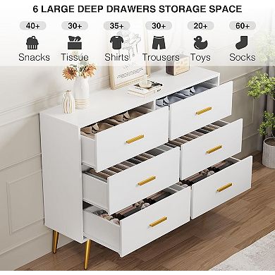Modern 6 Drawer Dresser with Gold Handles