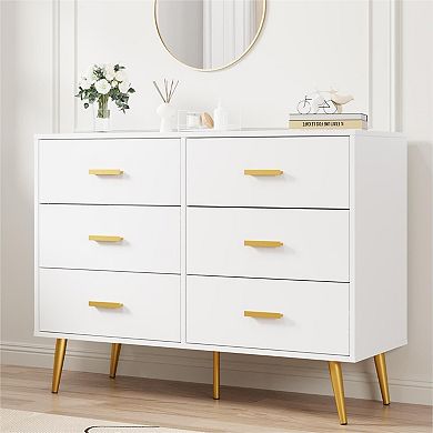 Modern 6 Drawer Dresser with Gold Handles