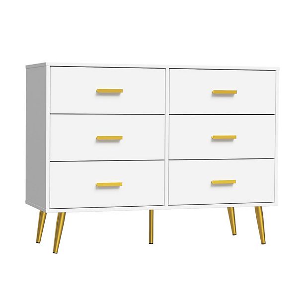 white and gold 6 drawer dresser Laura Gold Detailed 6 Drawer Dresser Made With Wood In White White Drawer 5 Drawers & Above Bedroom Dovetail Joints Contemporary,Modern White Solid