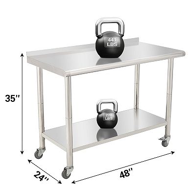 48"x24"x35" Workbench With Casters, Rear Backboard, 08 Curved Edges And Hooks