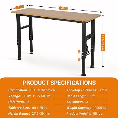 60" Adjustable Height Workbench with Power Outlet