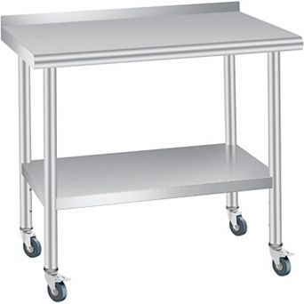 36*24 Inch Stainless Steel Workbench With Rounded Corners, Backboard, And Wheels