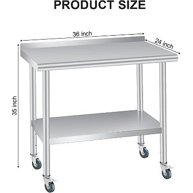 36*24 Inch Stainless Steel Workbench With Rounded Corners, Backboard, And Wheels