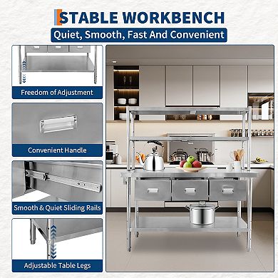 71" x 24" Stainless Steel Table with 3 Drawers & Shelves
