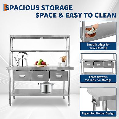 71" x 24" Stainless Steel Table with 3 Drawers & Shelves