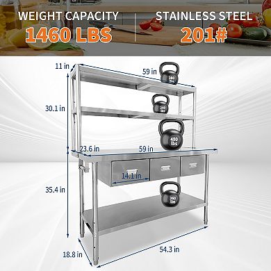 71" x 24" Stainless Steel Table with 3 Drawers & Shelves