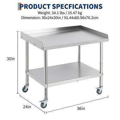 36"X24"x30" Stainless Steel Grill Stand Table With Casters - Removable Baffle