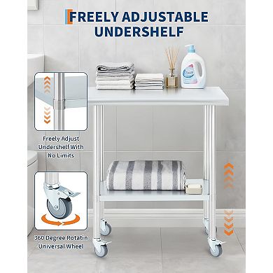 24x30 Stainless Steel Prep Table with 4 Locking Casters